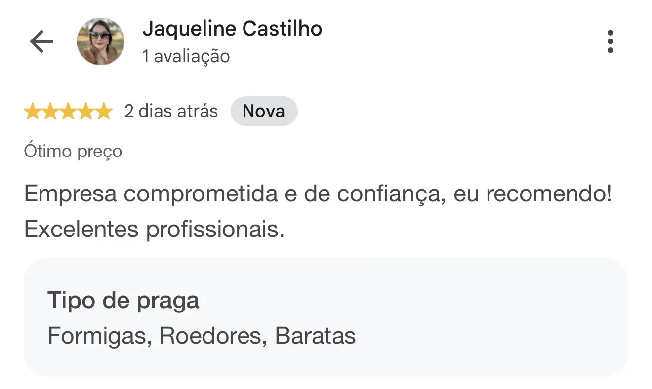 Avaliação de cinco estrelas publicada por Jaqueline Castilho no Google
